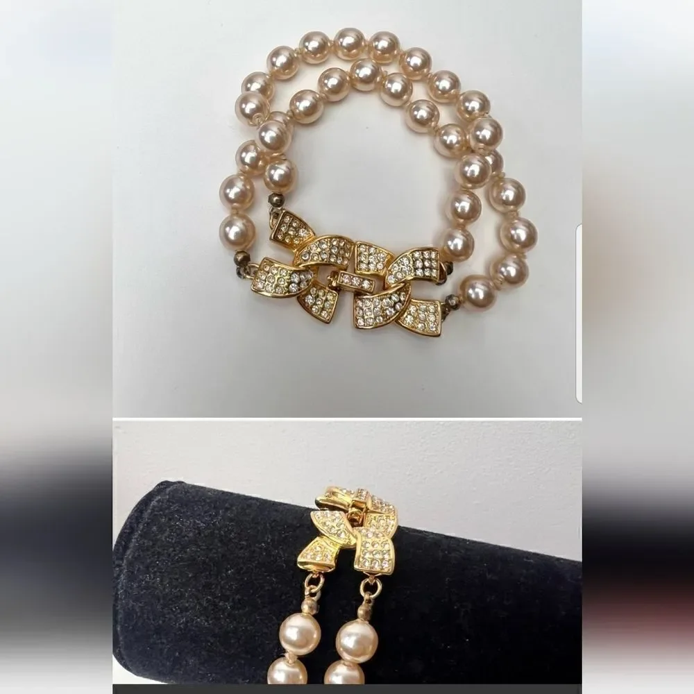 KENNETH J LANE PEARLS AND RHINESTONES DOUBLE ROW BRACELET!!!  BEAUTIFUL!!! - Picture 3 of 7